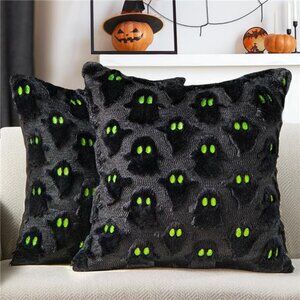 Plush Black Ghost Pillow Cover Set of 2 - Soft Faux Fur Halloween Decor